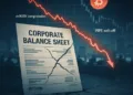 Falling Bitcoin price over corporate balance-sheet graphic. Caption: Bitcoin treasury companies face a sector-wide re-rating after PIPE unlocking, mNAV compression and a historic crypto liquidation.