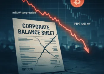 Falling Bitcoin price over corporate balance-sheet graphic. Caption: Bitcoin treasury companies face a sector-wide re-rating after PIPE unlocking, mNAV compression and a historic crypto liquidation.