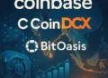Coinbase and CoinDCX logos over a map of India and MENA with blockchain visuals. Caption: Coinbase deepens its strategic investment in CoinDCX, valuing the exchange at $2.45B as it scales across India and the Middle East.
