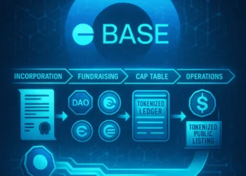 Visual pipeline showing a startup lifecycle on blockchain rails with Coinbase/Base logo. Caption: Coinbase aims to host the entire startup lifecycle onchain — from incorporation and fundraising to tokenized IPOs