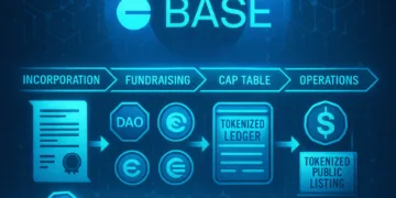 Visual pipeline showing a startup lifecycle on blockchain rails with Coinbase/Base logo. Caption: Coinbase aims to host the entire startup lifecycle onchain — from incorporation and fundraising to tokenized IPOs