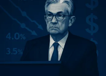 Jerome Powell at FOMC press conference with overlay of rate chart. Caption: The Fed’s October Rate Cut by 25bps to 3.75%–4.00%, signaling a cautious turn toward easing amid slowing inflation and jobs data.