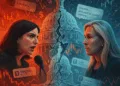 A symbolic depiction of the political and financial clash between Laura Loomer and Marjorie Taylor Greene — where politics, markets, and power collide amid insider trading allegations.