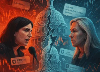 A symbolic depiction of the political and financial clash between Laura Loomer and Marjorie Taylor Greene — where politics, markets, and power collide amid insider trading allegations.