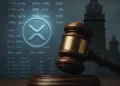 Court gavel over blockchain ledger and XRP token. Caption: Madras High Court rules cryptocurrency is property capable of being held in trust, strengthening legal protections for Indian holders.