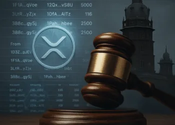 Court gavel over blockchain ledger and XRP token. Caption: Madras High Court rules cryptocurrency is property capable of being held in trust, strengthening legal protections for Indian holders.