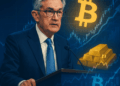 Jerome Powell with overlay of Bitcoin, gold, and stock charts. Caption: The Fed rate cut October 2025 lowered rates to 3.75%–4.00%, signaling a cautious easing cycle and renewed investor optimism across markets.
