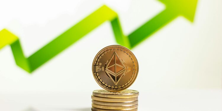 Visual representation of Ethereum coins with financial charts and upward trends in the background.