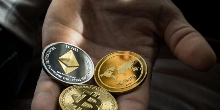 Two hands exchanging digital coins with a backdrop of blockchain graphics and financial symbols.