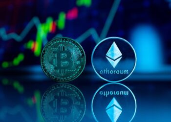 Ethereum logo with digital currency symbols and financial charts in the background.