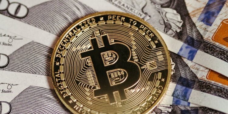 Bitcoin graphic with an upward trend line and U.S. dollar bills background, symbolizing financial surge.