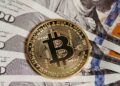 A Bitcoin logo surrounded by rising graphs and dollar signs, symbolizing financial growth.