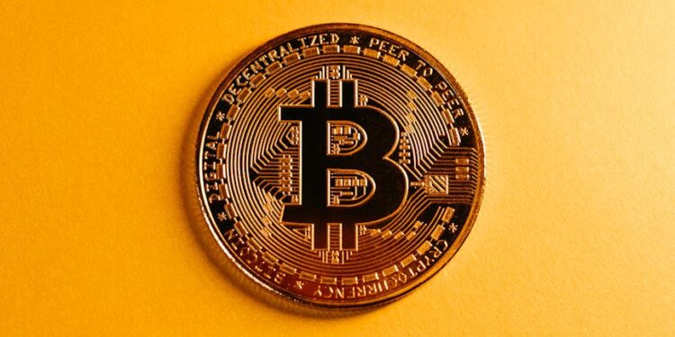 A digital graphic depicting a blockchain network with cryptocurrencies and financial symbols.