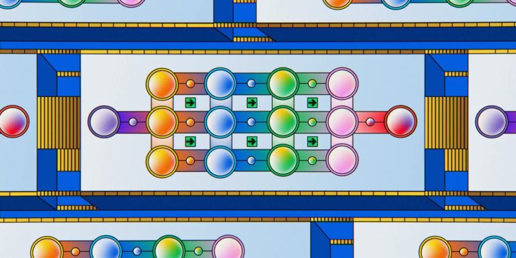 Graphic showing a futuristic digital landscape representing AI and blockchain technology.
