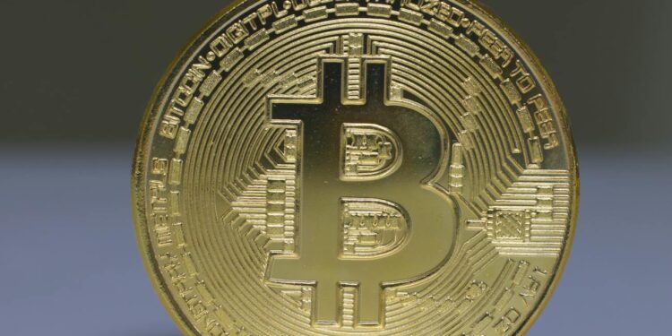 A digital rendering of a blockchain network with currency symbols and AI elements.