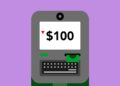 Cryptocurrency ATM machine with cautionary signs about financial risks and regulations.
