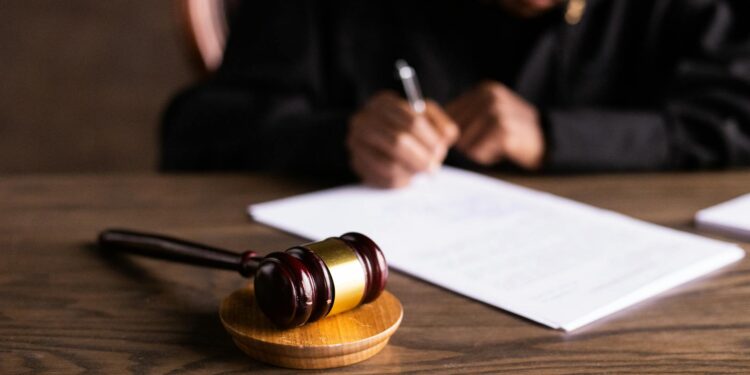 A courtroom with a judge's bench, emphasizing finance and regulatory issues in crypto.