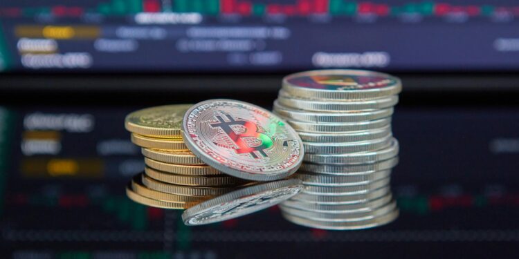 Cryptocurrency-themed graphics with charts and digital tokens representing new tokenized ETFs.