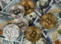 A digital illustration of fake Tron tokens against a backdrop of Bitcoin and dollar bills.