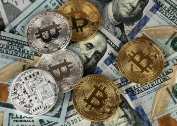 A digital illustration of fake Tron tokens against a backdrop of Bitcoin and dollar bills.