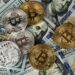 A digital illustration of fake Tron tokens against a backdrop of Bitcoin and dollar bills.