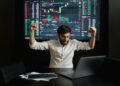 Trader celebrating a win at Polymarket, with a UFC fight backdrop and financial charts.