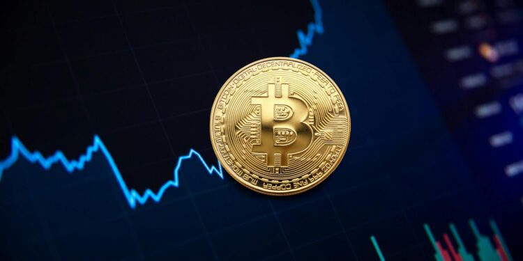 Bitcoin symbol with a downward arrow, reflecting a drop in crypto value amid global tensions.