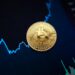 Bitcoin symbol with a downward arrow, reflecting a drop in crypto value amid global tensions.
