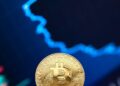 A digital illustration of a falling Bitcoin symbol surrounded by inflation graphs and financial charts.