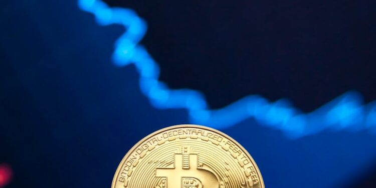 Bitcoin symbol overlay on financial charts with Norwegian landmarks in the background.