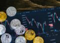 A digital representation of tokenized shares with cryptocurrency graphics and finance charts.