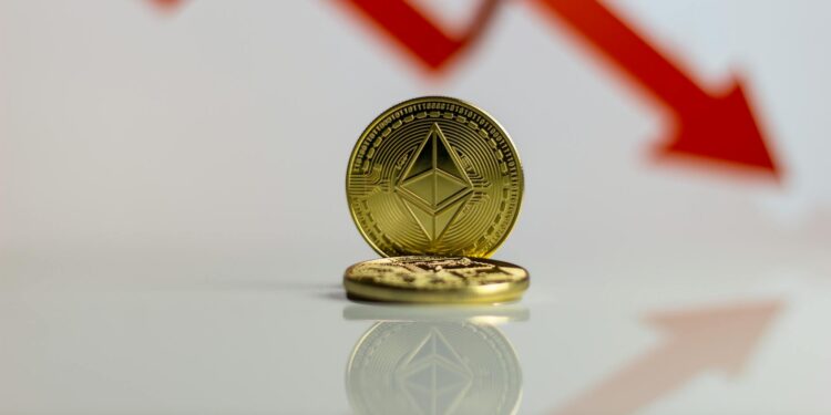 Graph showing Ethereum price drop with a large red downward arrow and company logo.