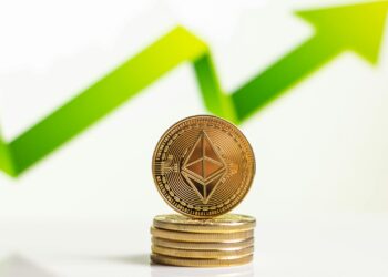 Ethereum logo with a chart showing rising ETH staking investments and financial growth.