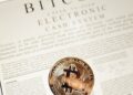 A Bitcoin coin with regulatory documents and DeFi symbols in the background.