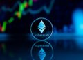Ethereum coins with a digital wallet and graphs illustrating the crypto market.