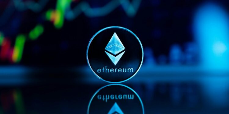 Ethereum logo with a digital backdrop showcasing rising ETH staking statistics.