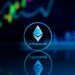 Ethereum logo with a digital backdrop showcasing rising ETH staking statistics.