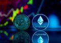 Crypto exchange logo with financial charts and digital currency symbols in the background.