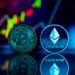Crypto exchange logo with financial charts and digital currency symbols in the background.