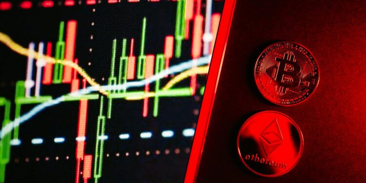 Bitcoin logo with financial graphs and symbols representing DeFi and NFTs in the background.