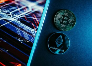 A digital depiction of AI agents interacting on a blockchain network with coins.