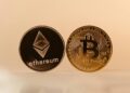 Digital currencies Bitcoin and Ethereum displayed alongside a Charles Schwab logo.