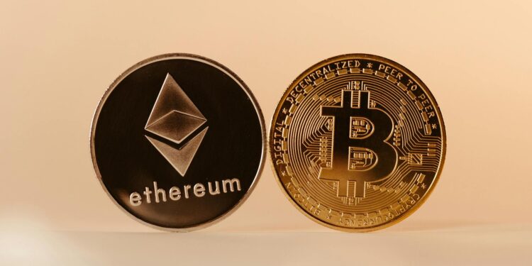 Digital currencies Bitcoin and Ethereum displayed alongside a Charles Schwab logo.