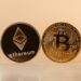 Digital currencies Bitcoin and Ethereum displayed alongside a Charles Schwab logo.