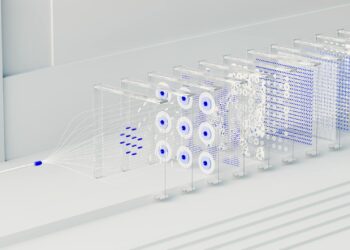 A digital rendering of a futuristic AI interface displaying data and algorithms.