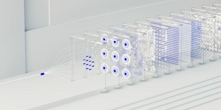A digital rendering of a futuristic AI interface displaying data and algorithms.