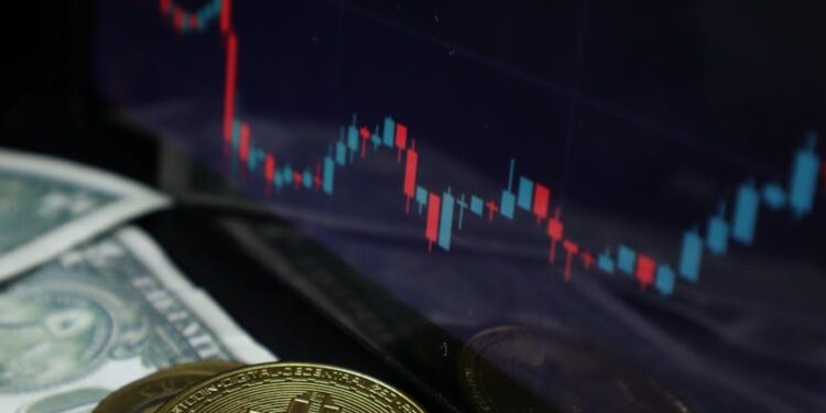 Goldman Sachs logo with Bitcoin and financial charts in the background, symbolizing ETF strategy.
