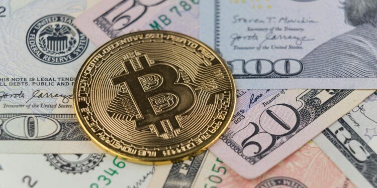 Bitcoin price graph trending upwards with an overlay of dollar bills and ETF symbols.