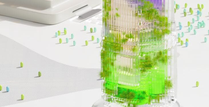 A futuristic cityscape featuring AI technology integrated into government buildings.