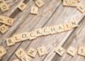 A digital illustration of a blockchain network with financial symbols and tokens.